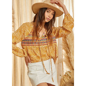 Women's Savannah Jane Marigold Leopard Print Embroidered Blouse L